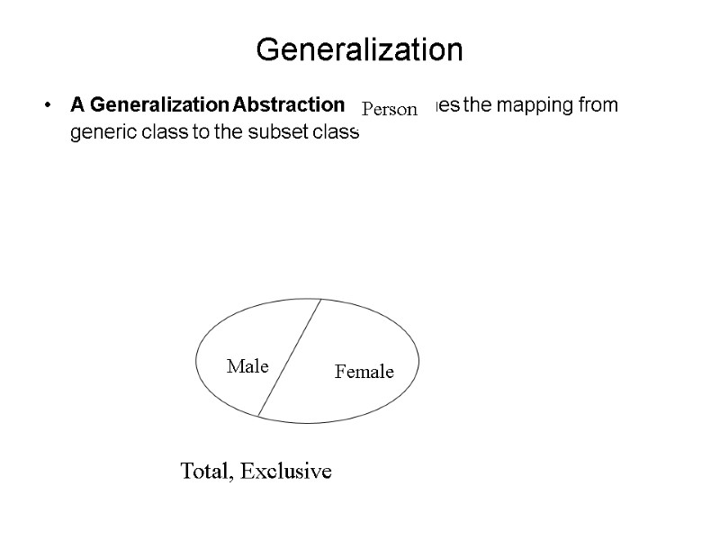 Generalization A Generalization Abstraction  establishes the mapping from generic class to the subset